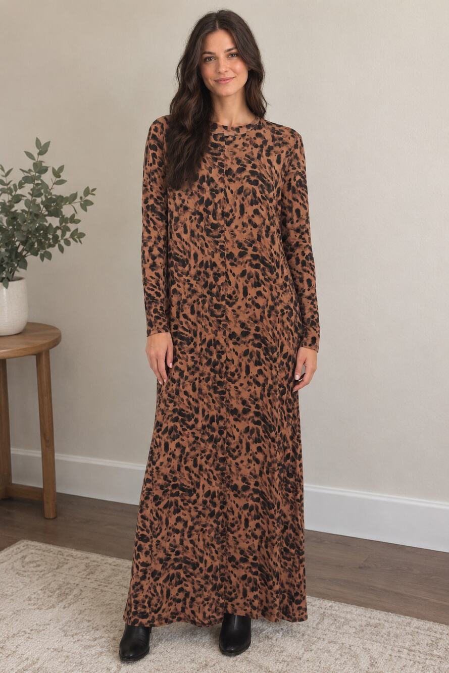 OLD NAVY XL Brown Fall Animal Leopard Print Mock Neck Long Sleeve Maxi Dress